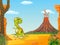 Cartoon happy tyrannosaurus dinosaur in the volcano background