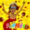Cartoon happy woman rejoice summer on the background of yellow flowers