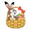 Cartoon Hare or Rabbit in basket full of decorated Easter eggs. Template design element for greeting card, poster or cover.