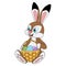 Cartoon Hare or Rabbit sitting and holding basket full of decorated Easter eggs. Template for holiday, decoration or design.