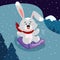 A cartoon hare rides a sleigh on a snow-covered mountain.