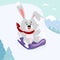 A cartoon hare rides a sleigh on a snow-covered mountain.