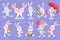 Cartoon hares with carrot. Cute bunny characters adorable funny love couple rabbits baby hare sticker collection for