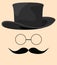 Cartoon hat and eyeglasses. Black silhouette gentleman cylinder cap and mustache. Male face. Barbershop logo. Man head