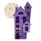 Cartoon haunted purple wooden witch house with full moon.