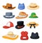 Cartoon headwear. Cowboy hat, fedora, beach sun hat, baseball cap, black cylinder. Different types of men and women