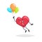 Cartoon heart character. Happy boy mascot flying with colorful baloons. Valentine`s day symbol. Love and romantic vector comic il