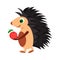 Cartoon hedgehog with an apple in his paws. Illustration for the design of greeting cards, notebooks, children t-shirts