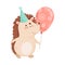 Cartoon Hedgehog Character Carrying Balloon Hurrying to Birthday Party Vector Illustration