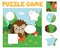 Cartoon hedgehog in forest. Puzzle for toddlers. Match pieces and complete picture. Educational game for children