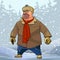 Cartoon hefty man in winter clothes in a snowy forest