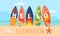 Cartoon hello summer poster with surfboard on sea beach. Tropical island landscape with swimming board on sand. Surf