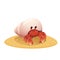 A cartoon hermit crab crawling on the beach on white background