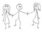 Cartoon of Heterosexual Couple Walking and Holding Hands, Man is Also Holding Hand of Mistress