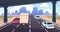 Cartoon highway traffic. Road to city with cars, nature landscape and skyline, travel and logistic concept. Vector