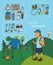 Cartoon hiker with hiking infographic elements