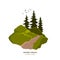 Cartoon hills and forest. Isolated image of firs on mountain. Landscape of wood road. Nature scenery