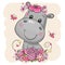 Cartoon Hippo with flowers on a beige background