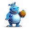 Cartoon hippo hippopotamus mascot with smiley face playing basketball