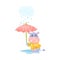 Cartoon hippo stands with an umbrella in the rain. Vector illustration.