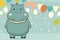Cartoon hippo surrounded by balloons. A hippopotamus highlighted on a white background. Generative AI illustration