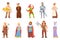 Cartoon historical medieval characters, king and queen, princess. Middle age knight, blacksmith, peasant, jester