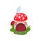 Cartoon hobbit house in form of mushroom with red spotted roof. Fantasy home with wooden door and tiny windows. Flat