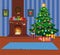 Cartoon home indor interior of decorated room with fire place and fir tree