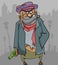 Cartoon homeless man in ragged clothes with a bottle and a cigarette