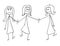 Cartoon of Homosexual Couple of Two Lesbian Women Walking and Holding Hands, One of Them is Also Holding Hand of Another