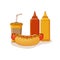 Cartoon hot dog, soda pop, ketchup and mustard