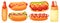 Cartoon hotdog. French hot dog, street food with sausage, sause and sesame seeds bun vector illustration set