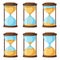 Cartoon hourglass. Old sandglass with falling sand inside, vintage timer for measuring time, animation illustration