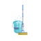 Cartoon house and apartment cleaning service icon. Modern plastic blue dry mop with handle and green bucket with washing liquid.