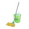 Cartoon house and apartment cleaning service icon. Old dry mop with handle and green plastic bucket with bubbles.