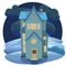 Cartoon house on the hill. Night. A beautiful, cozy country house in a traditional European style. Nice funny home