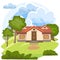 Cartoon house in the meadow. Beautiful view. Clouds. Cozy rustic dwelling in a traditional European style. Rural