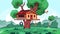 Cartoon house on tree. Summer background with cozy kids playground. Shed with door windows roof and ladder. Building on