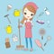 Cartoon housewife do housework cleaning