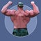 Cartoon huge man standing from the back in a bodybuilder posture