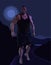 Cartoon huge terrible muscular man walking in a moonlit night