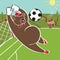 Cartoon humorous illustration.Brown bear plays football