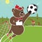 Cartoon humorous illustration.Brown bear plays football