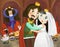 Cartoon husband and wife king and queen in castle illustration