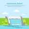 Cartoon Hydroelectric Station on a Landscape Background Card Poster. Vector