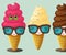 cartoon ice cream with glasses In cute cones, many flavors