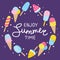 Cartoon ice cream round frame on purple background for Your summer design