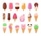 Cartoon ice cream. Sweet sundae, gelato in cone, cute chocolate summer freeze dessert, fruit popsicle, delicious scoop