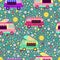 Cartoon ice cream trucks seamless pattern, with cute smiling suns, flowers, hearts and ice cream.