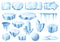 Cartoon ice. Glacier crystals, ice pieces and cold iced frames vector set